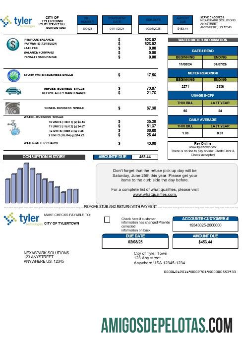 imprimível Modelo de conta de serviços públicos da Tyler Technologies dos EUA em formatos Word e PDF